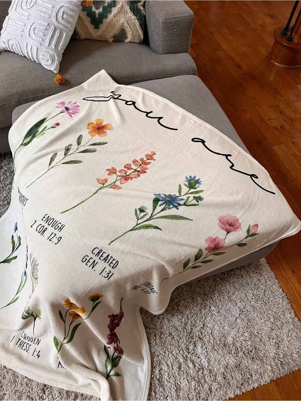 Floral Scripture Cream Throw Blanket - Soft Home Bedding