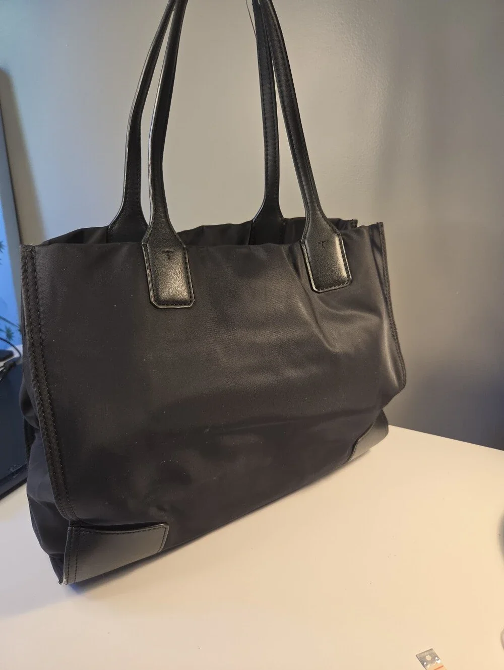 Tory Burch Ella Black Nylon Leather Tote Bag Authentic Logo Design