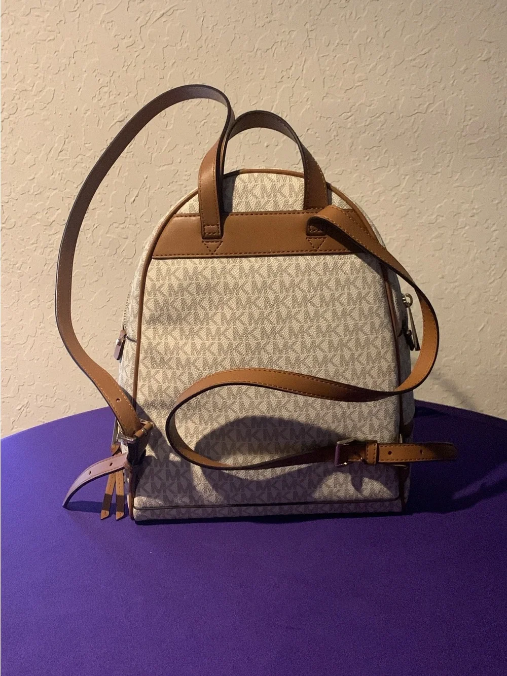 Michael Kors Beige Signature Mini Backpack with Brown Trim