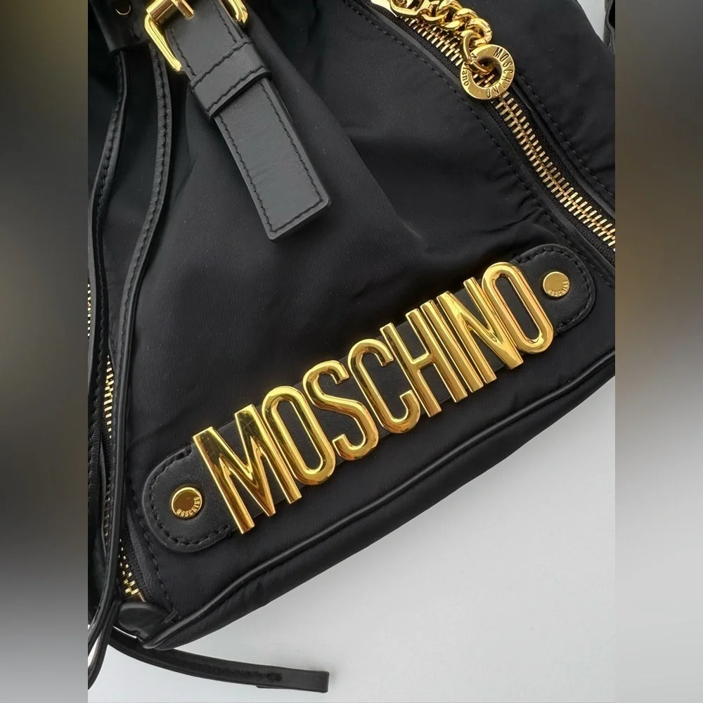 Moschino Couture Black Nylon Leather Gold Chain Backpack