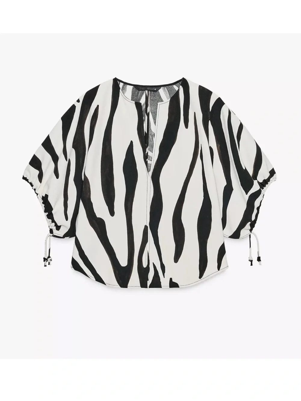 Zara ZW Round Neck Blouse w V-Neck Short Puff Sleeves Animal Zebra Print NWT M