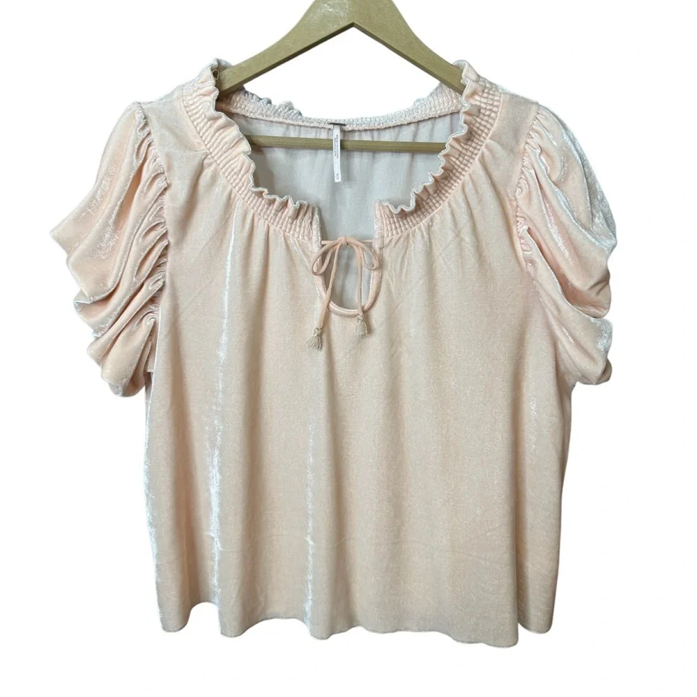 Free People | Terese Velvet Top | Blush Pink | Peasant Boho Blouse | Size M