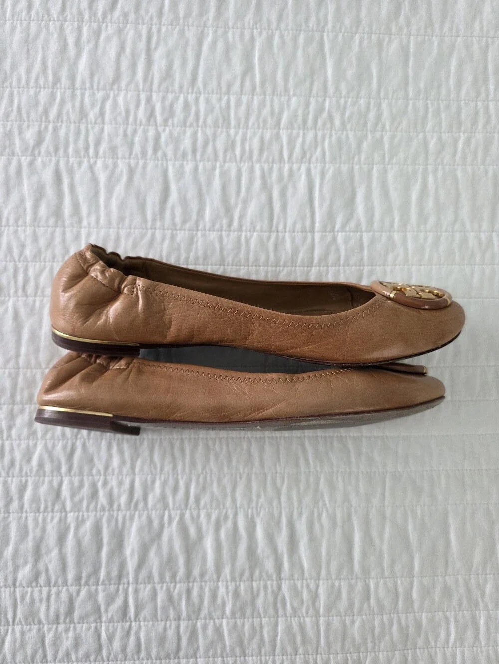 Tory Burch Multi Logo Tan Leather Reva Ballet Flats Size 9
