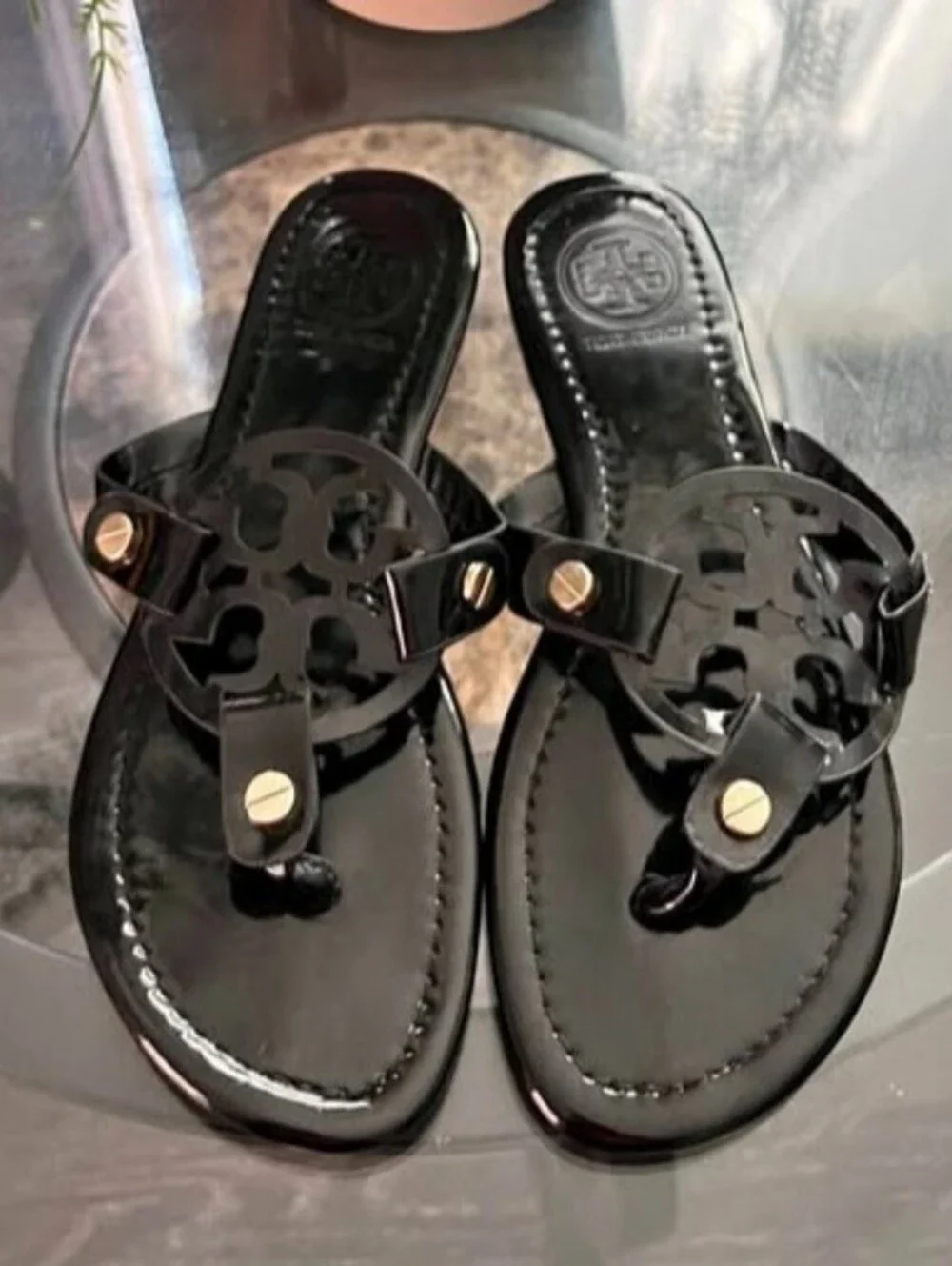 Tory Burch Black Patent Leather Logo Thong Sandals