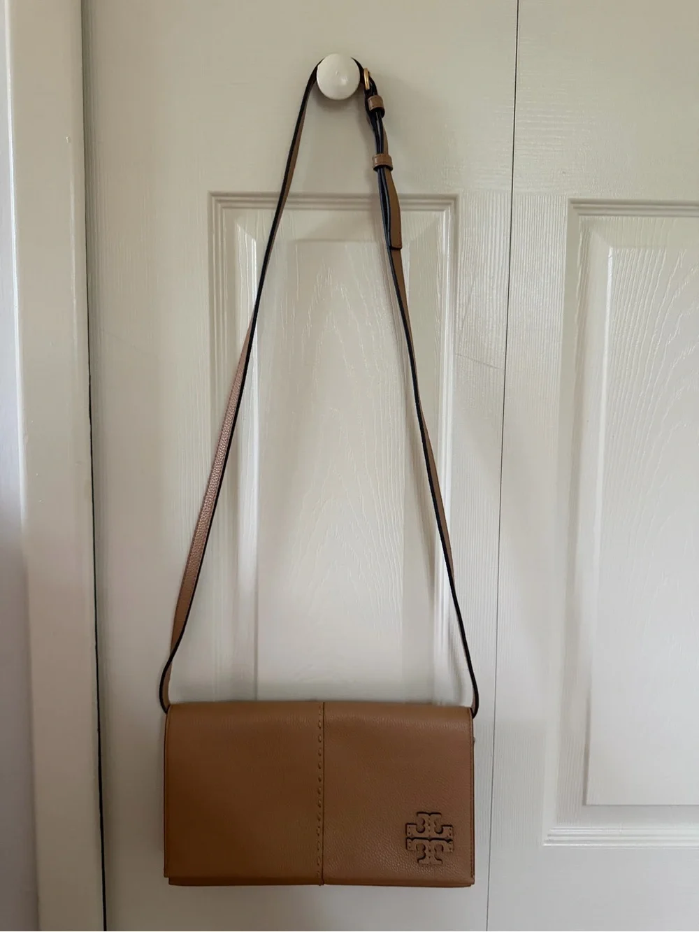 Tory Burch Camel/Tan Pebbled Leather Foldover Crossbody Wallet