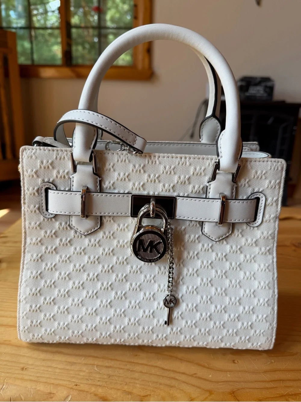 Michael Kors Cream Quilted Satchel with MK Charm and Silver Hardware