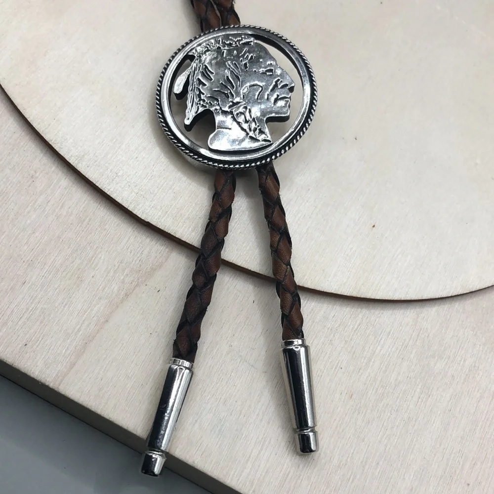 Vintage Native American Indian Chief Coin Like Leather Bolo Tie Necklace