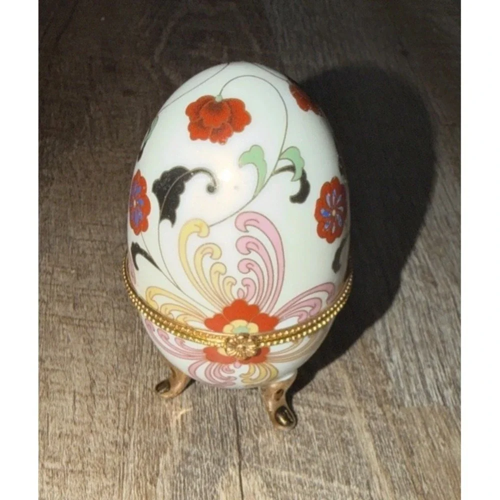 Vtg 60s Trinket Box Decorative Egg Red  Pink Floral Gold Accents