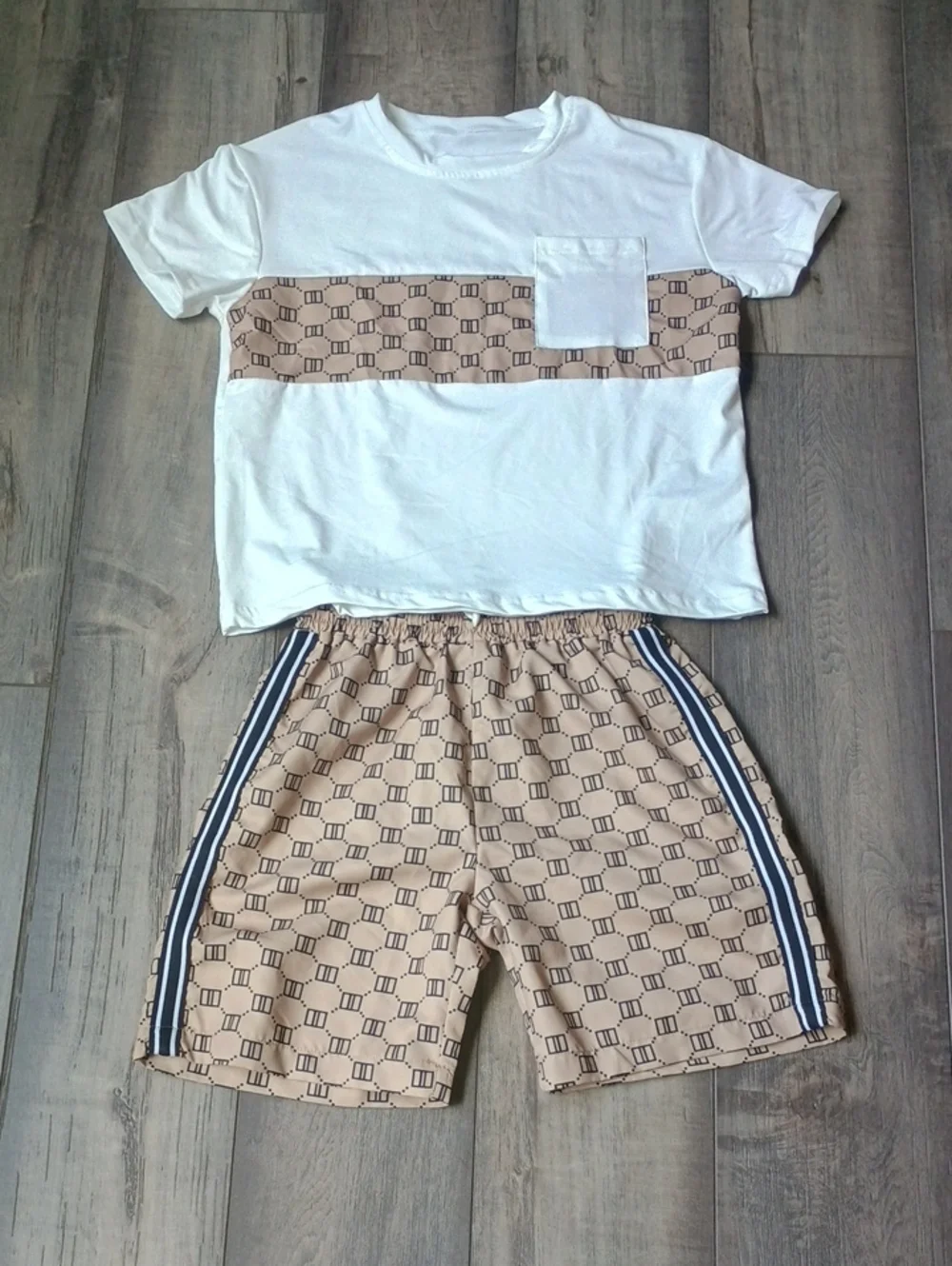 Kids Beige Patterned Matching Set with White Tee