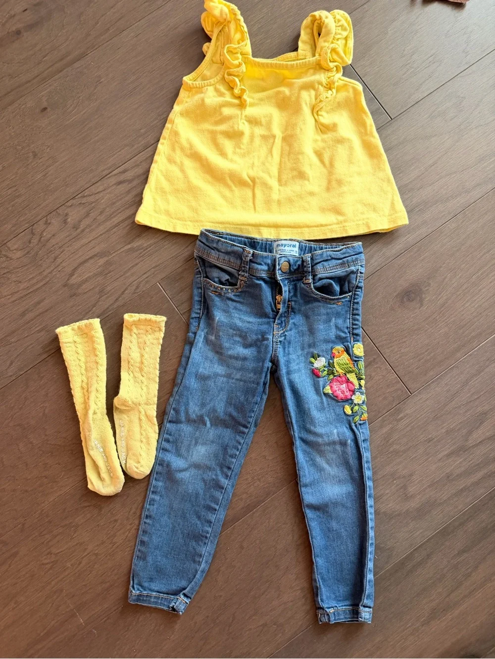 Mayoral Yellow Ruffle Tank with Embroidered Blue Jeans