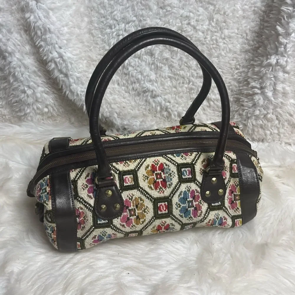 Anthropologie Nest cross stitch embroidery Satchel, leather brown trims & straps