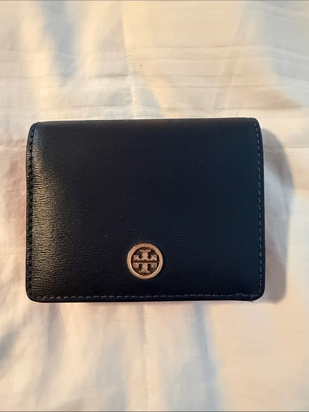 Tory Burch Navy Leather Fold Wallet with Gold Logo
