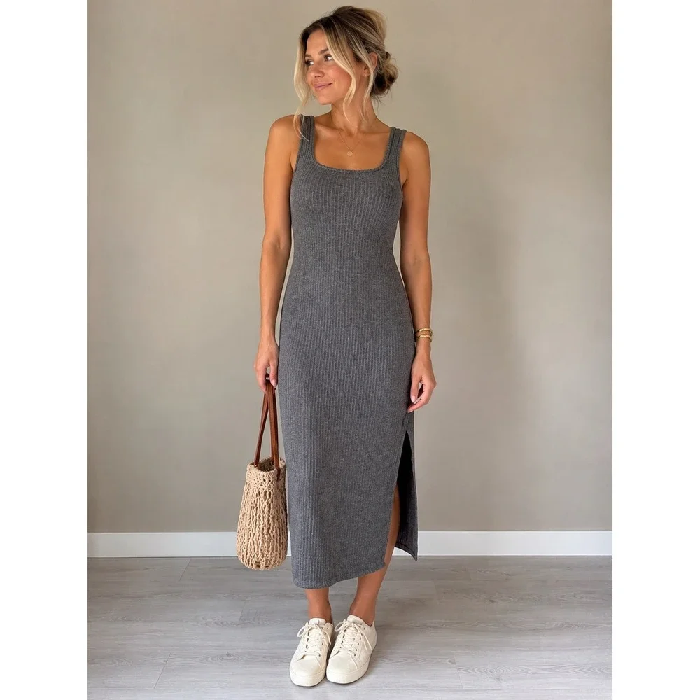 Abercrombie & Fitch Ribbed Knit Tank Maxi Dress Gray Bodycon Side Slit XS