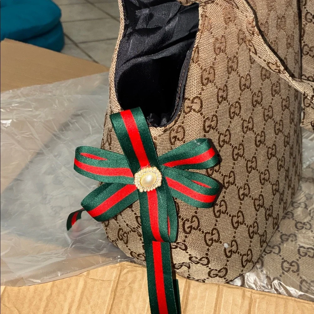 Source Unknown Brown Monogram Pet Carrier with Green-Red Ribbon Accent