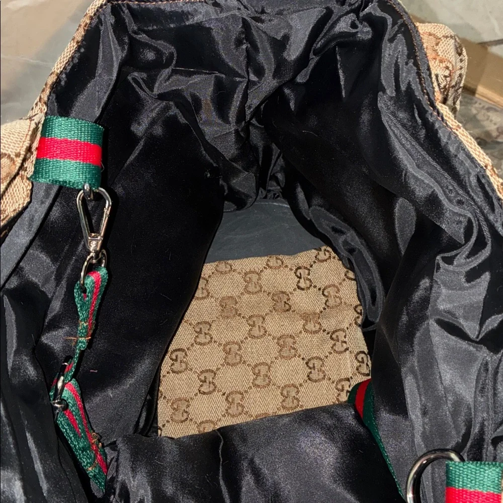 Source Unknown Brown Monogram Pet Carrier with Green-Red Ribbon Accent