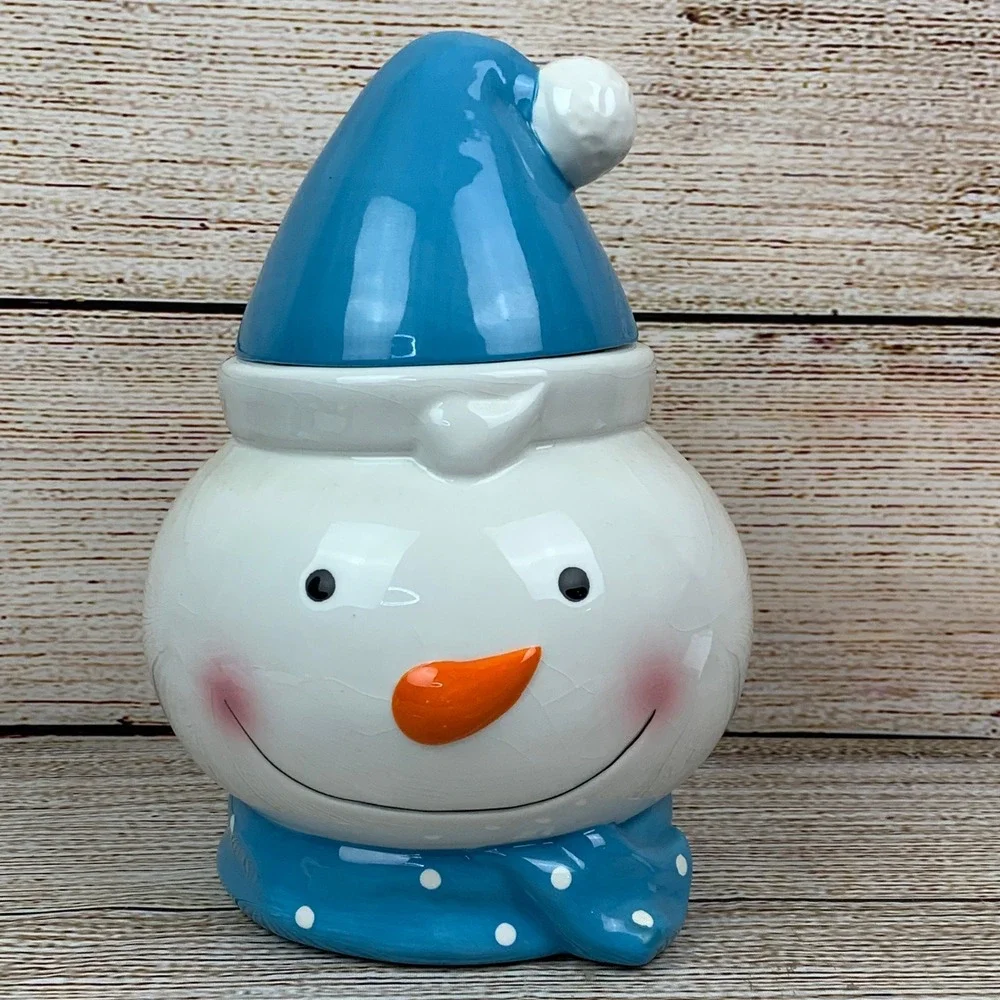 Snowman Cookie Jar with‎ Lid Ceramic Holiday Christmas Decor Cute
