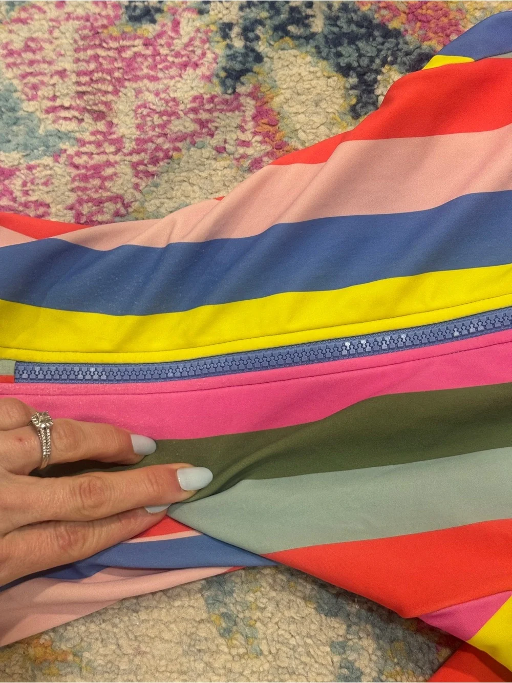 Mini Boden rainbow striped rashguard one piece swimsuit zip long sleeve girls