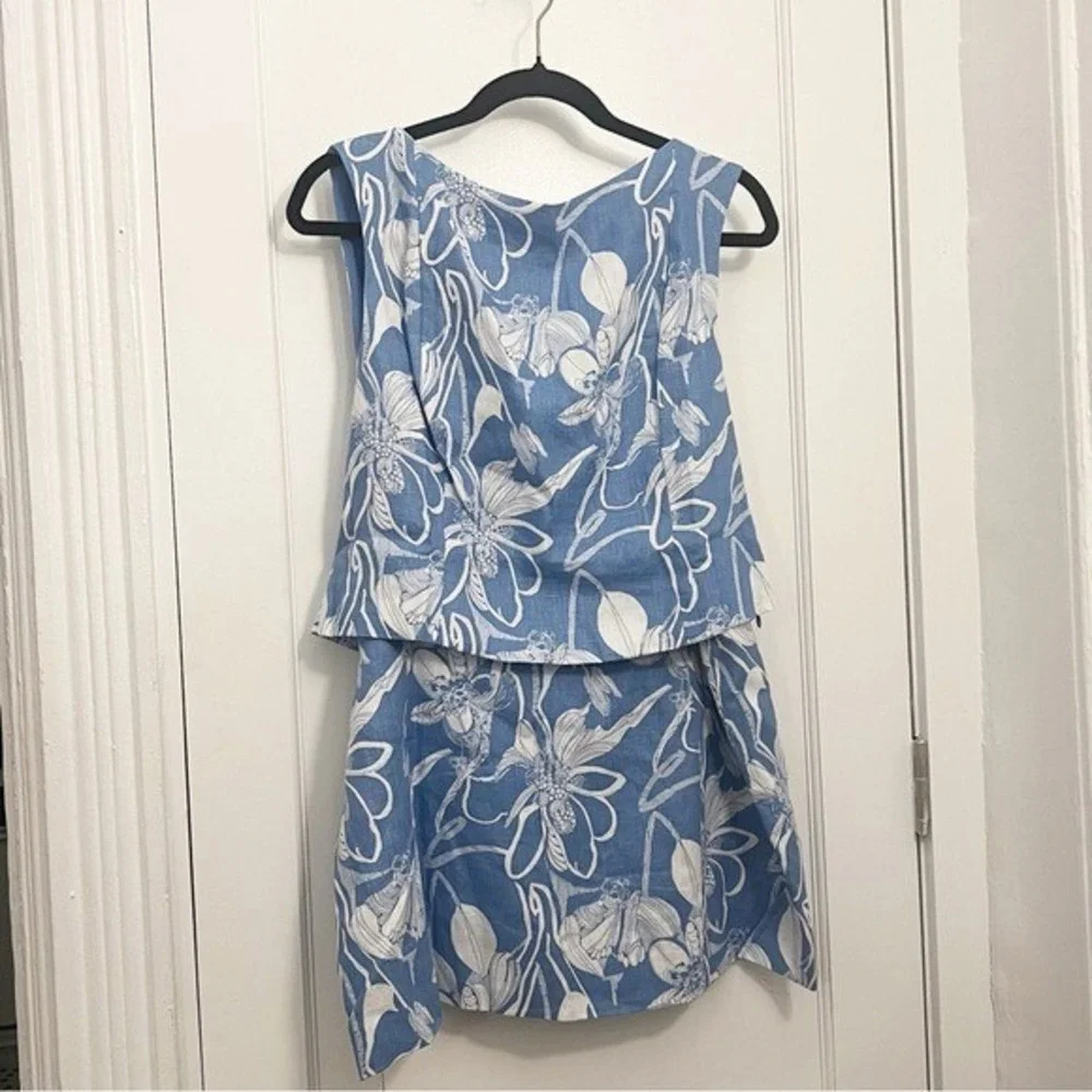 Reformation Blue White Floral Linen Blend Two Piece Set Crop Top Mini Skirt | 12