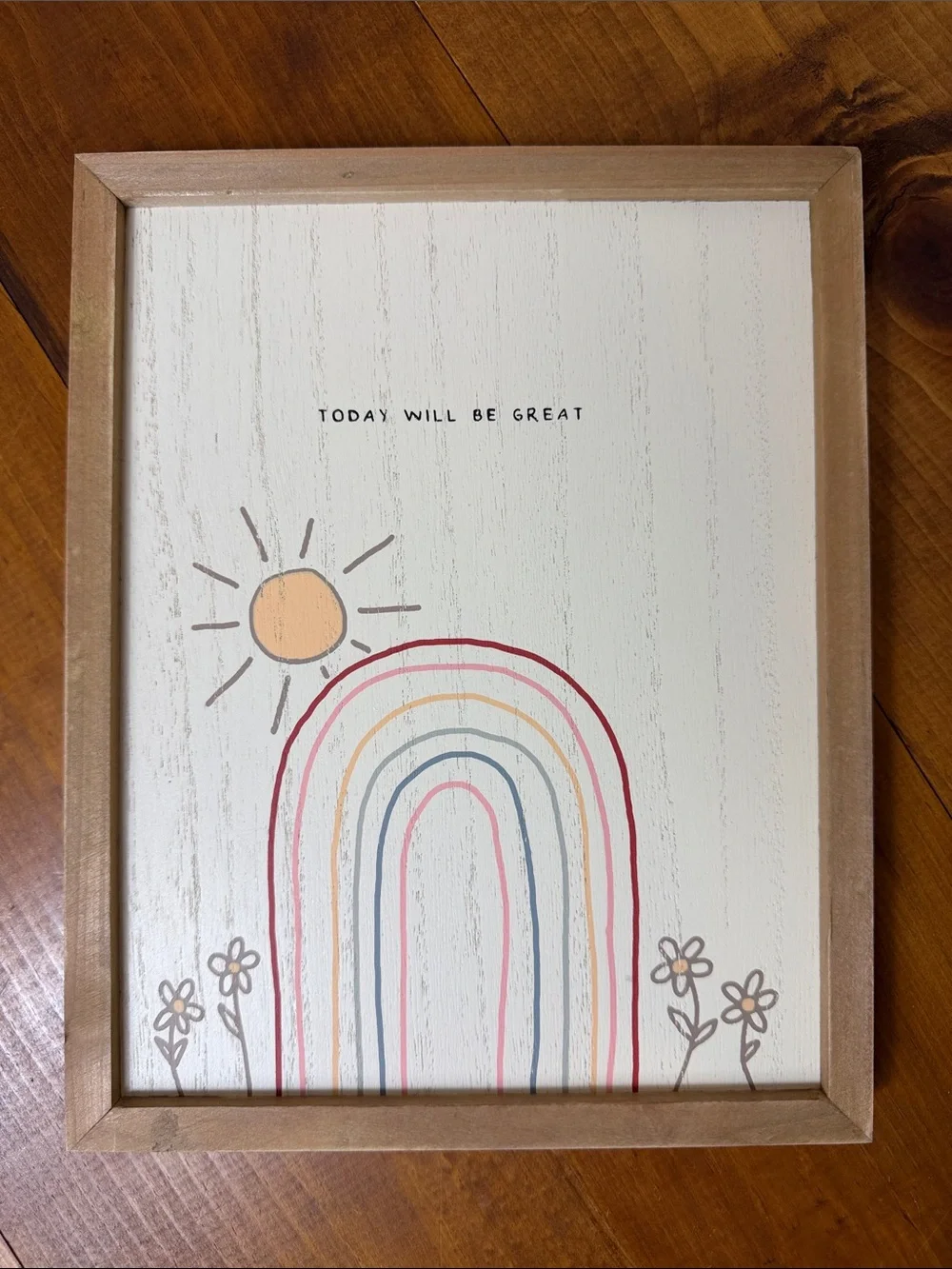 Framed Rainbow & Sun Wall Art – Neutral Wood Frame, White Background