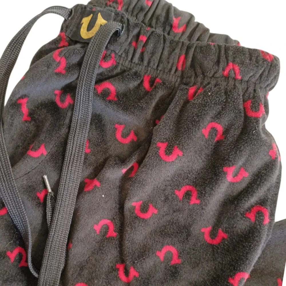 True Religion Mens Velour Pajama Pants Black Red Horseshoe Monogram Large Lounge