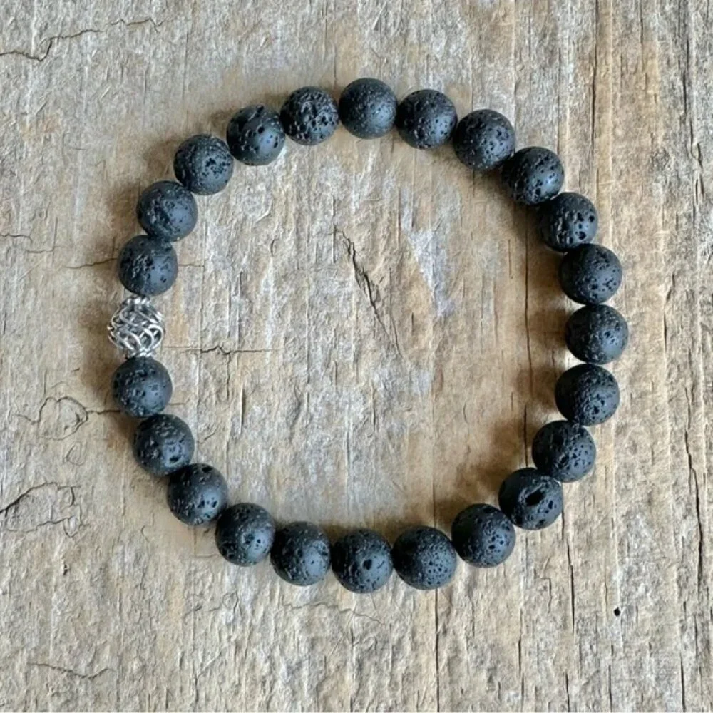 Black Lava Stone Stretch Bracelet Sterling Silver Accent Bead Unisex - 8mm Beads