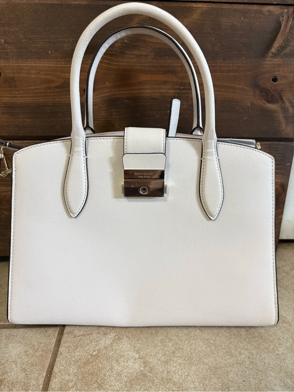 kate spade White Pebbled Leather Satchel with Gold Hardware