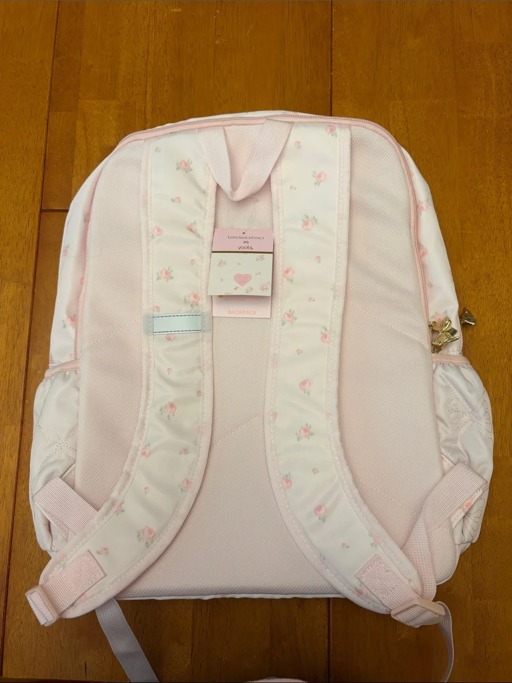 LoveShackFancy Pale Pink Quilted Bow Backpack with Rose Print
