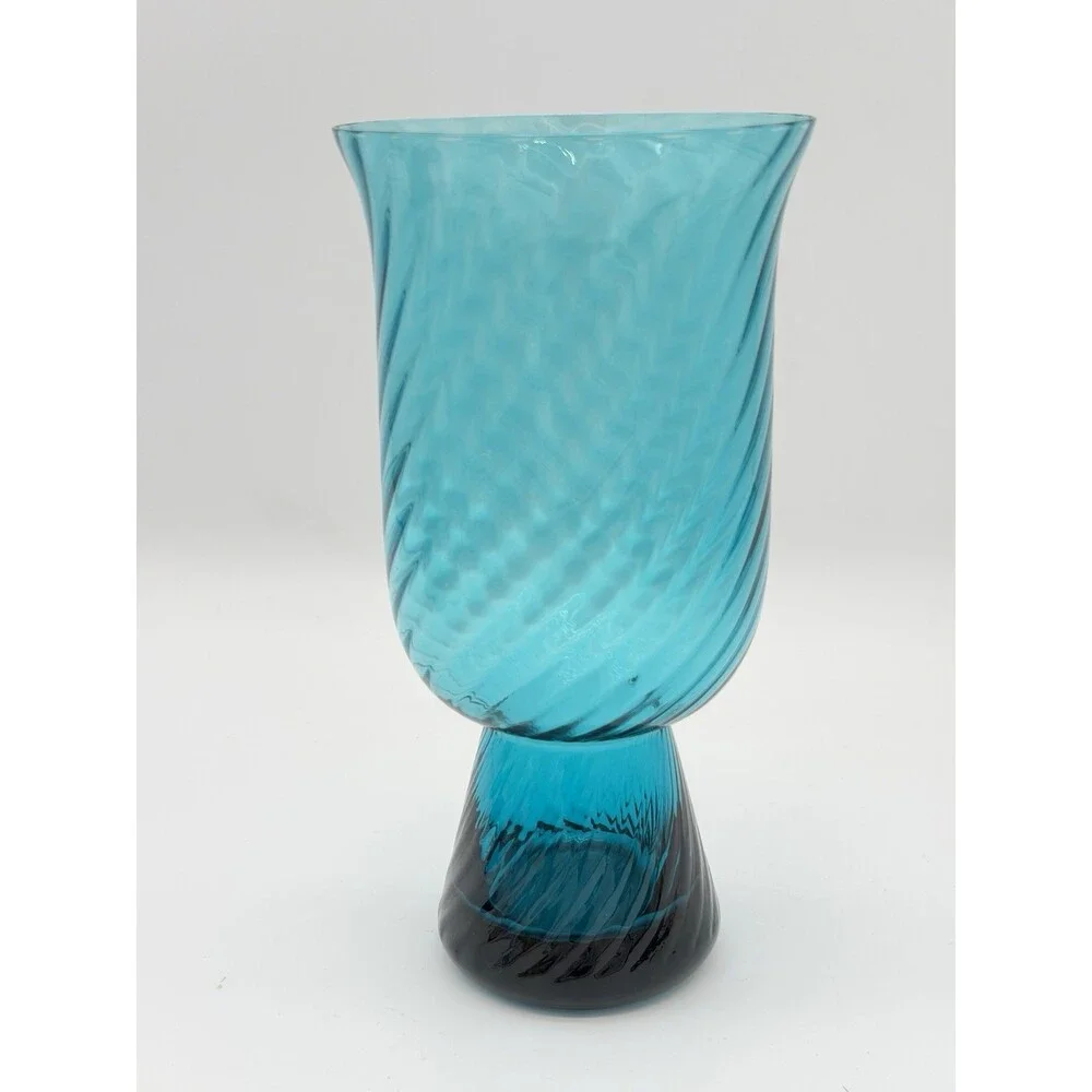 Empoli Italy Handblown Art Glass Diamond Optic Teal Pedestal Vase 8.5” Swirl