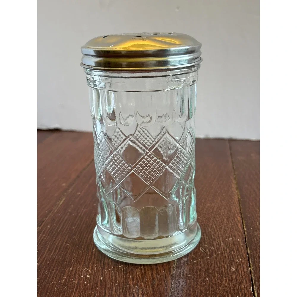 Vintage Clear Diamond Pattern Glass Sugar Shaker Spice Dispenser Stainless Lid