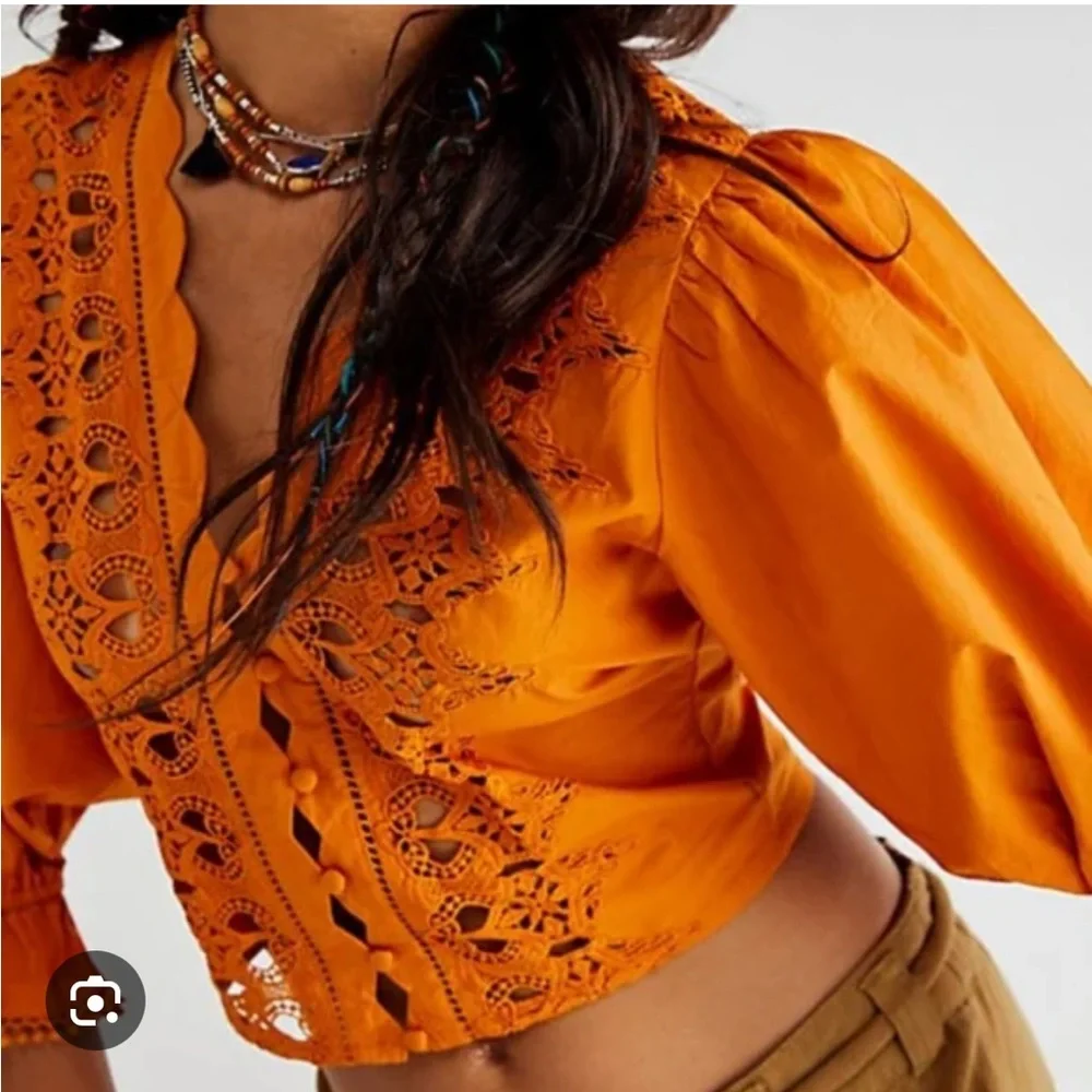 Free People Louella Blouse Tawny orange Lace Embroidered Top Size XS boho Crop