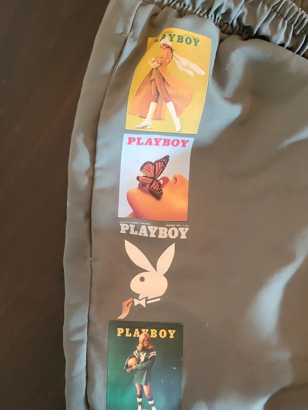 PLAYBOY Olive Gray Swim Shorts with Patch Strips Size M