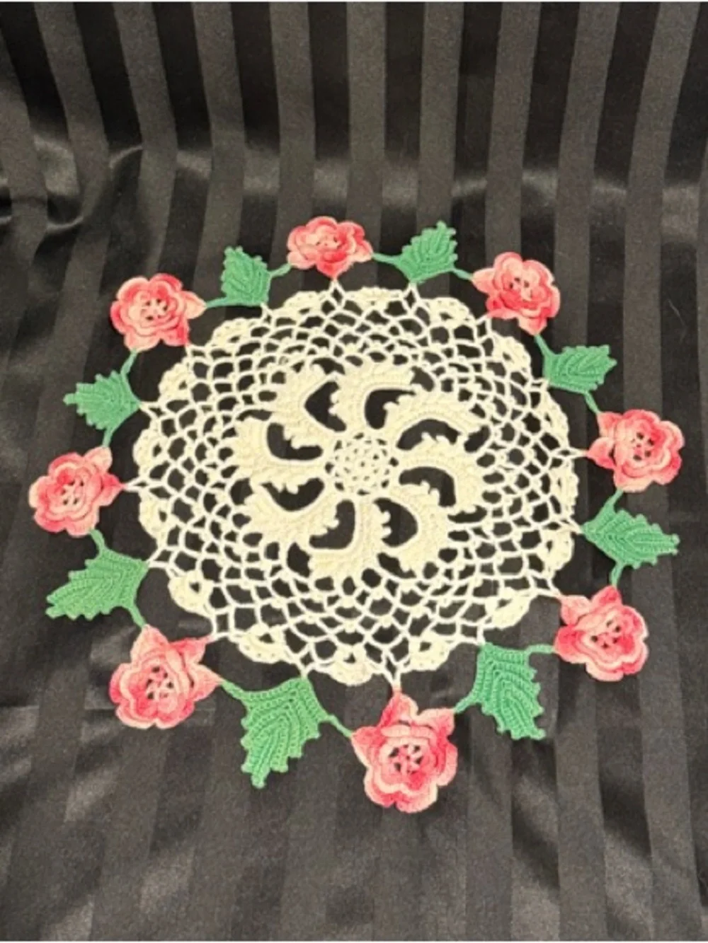 Handmade Irish Rose Crochet Doily with Multi-toned Pink Roses and Greenery