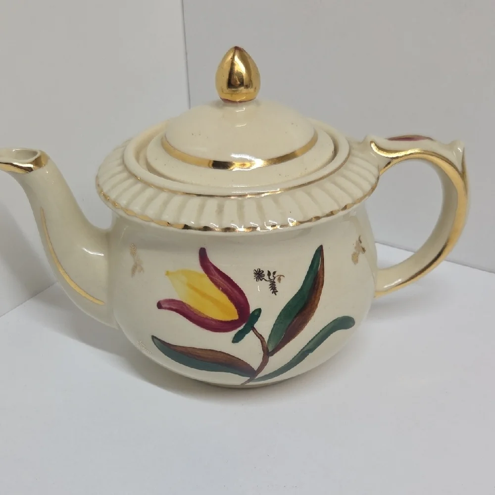 Floral Cream Teapot with Gold Accents