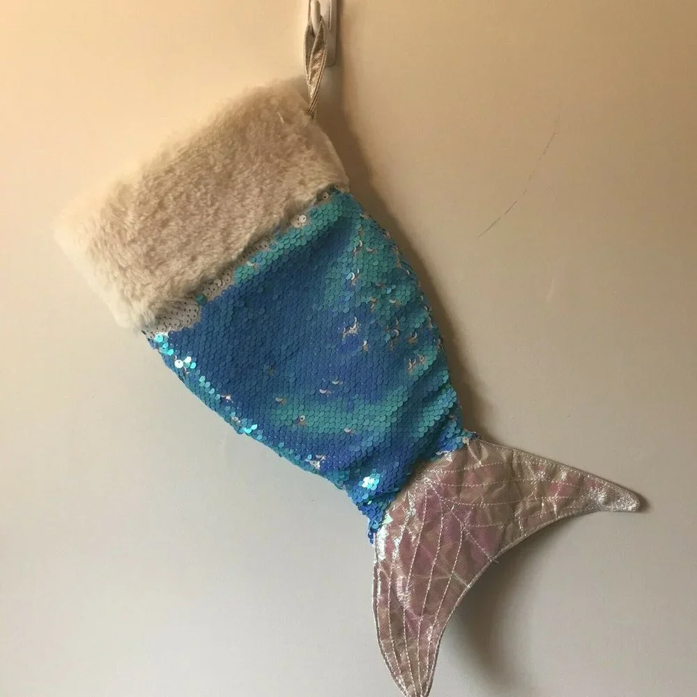 Mermaid Tail Blue Silver sequin Christmas Stocking‎ 14” fleece lined embellished