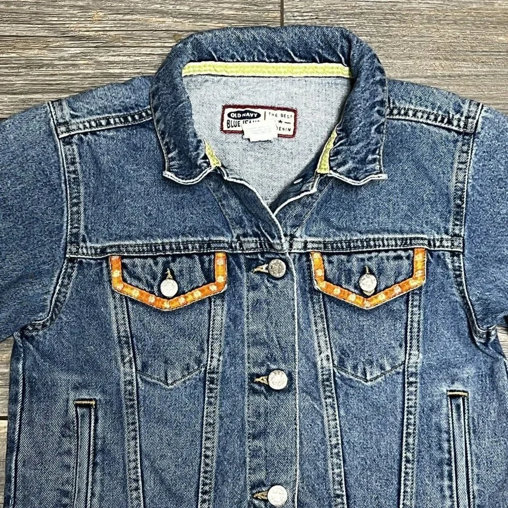 Old Navy Y2K Denim Jean Jacket Girls Size 12 Medium Embroidery Flowers 2000 Vtg