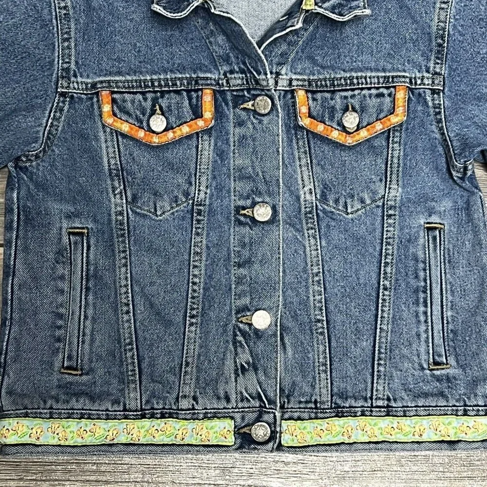 Old Navy Y2K Denim Jean Jacket Girls Size 12 Medium Embroidery Flowers 2000 Vtg