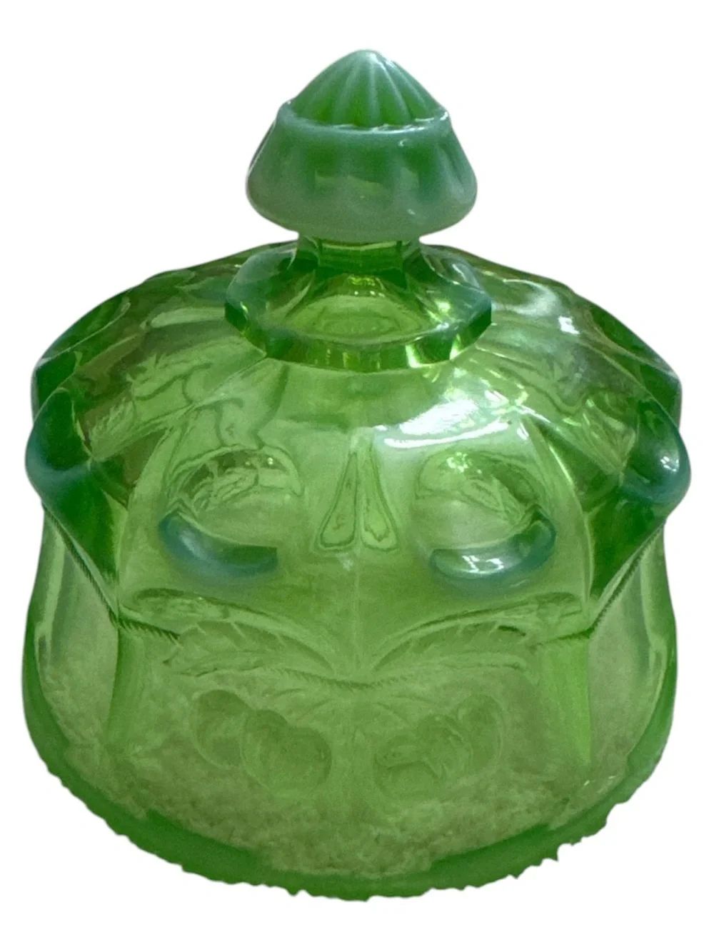Mosser Glass Cherry Print Vintage Green Glass Covered Butter Dish