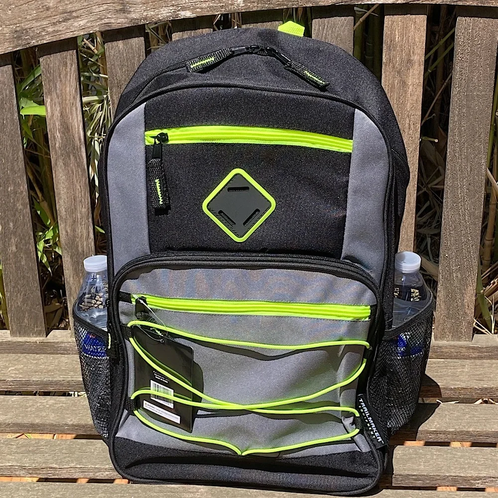 Black and Gray Backpack Neon Accents Side Pockets New