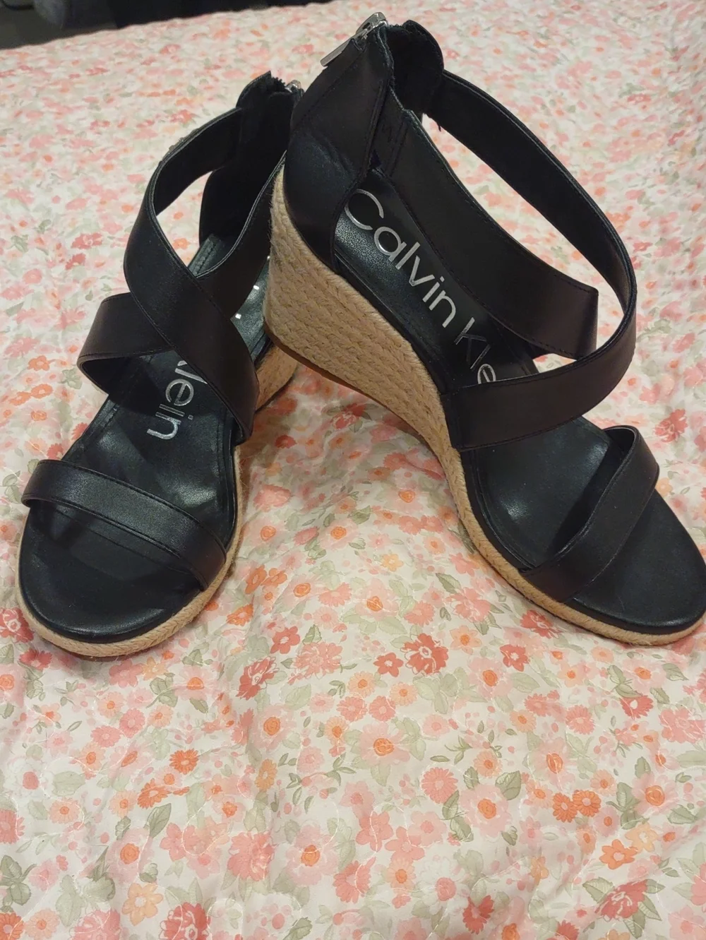Calvin Klein Black Crisscross Wedge Sandals with Espadrille Heel