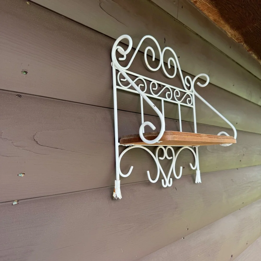 Vintage Wrought Iron Wall Shelf White Scrollwork Wood Inlay Cottagecore 16x14