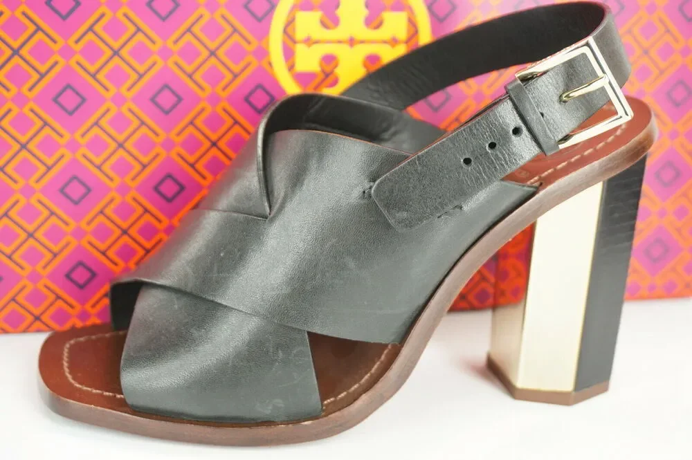 Tory Burch Black Leather Bleeker Wide Strappy Sandals Size 6.5 Hex Heel NIB