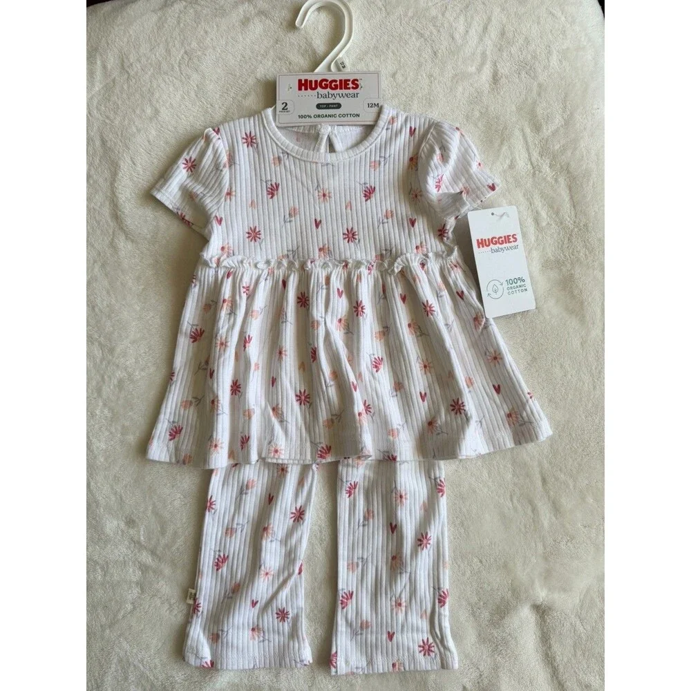 Huggies Babywear 2-Piece Girls 12M Organic Cotton Ribbed Floral Top Pants