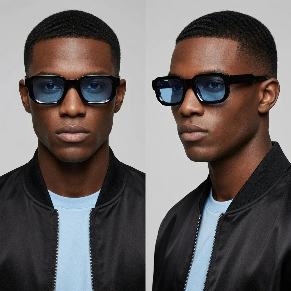 Mens Retro Black Square Sunglasses Light Blue Tinted Lens Hip Hop Chunky Frame