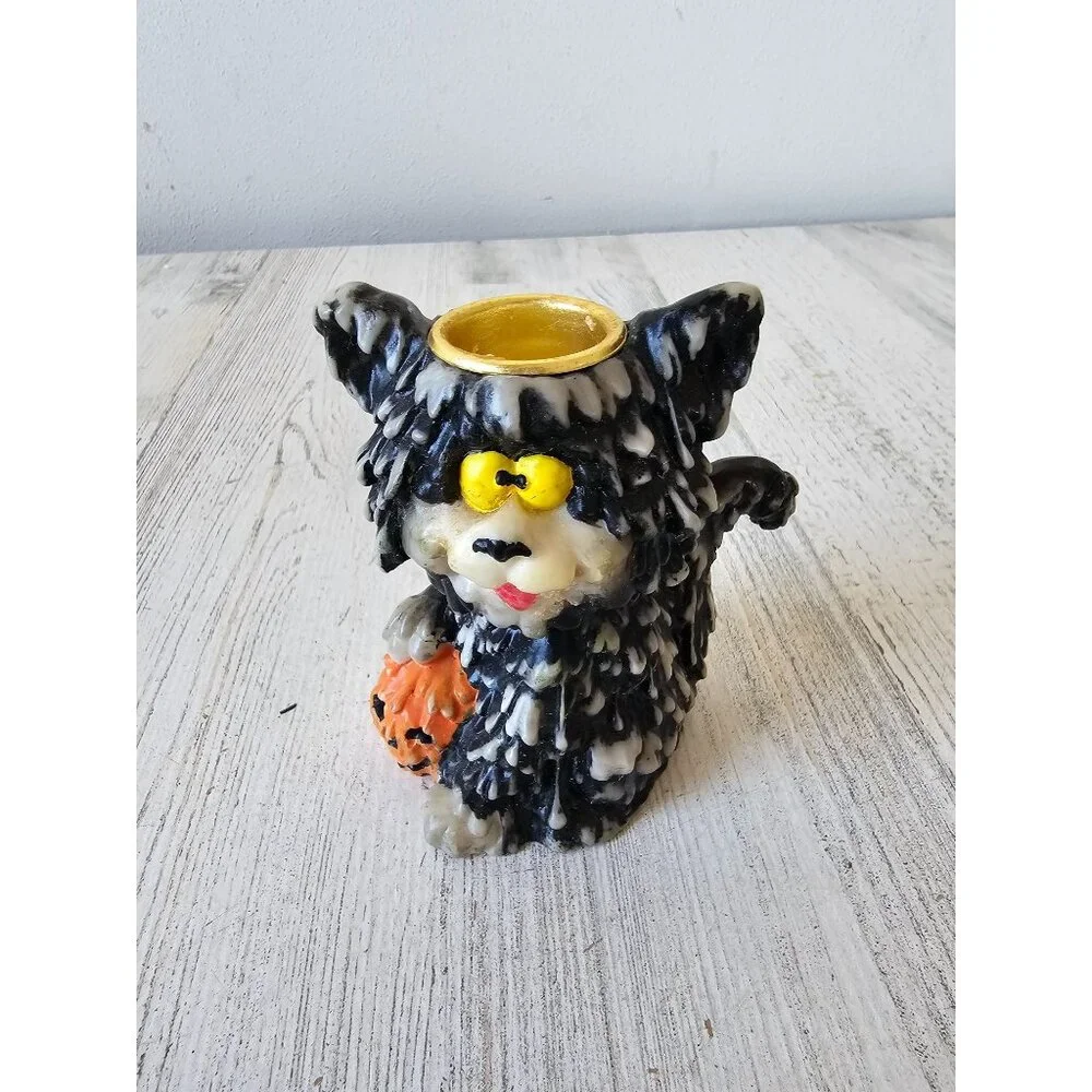 Vintage melted candle cat holder stick pumpkin jack-o'-lantern‎