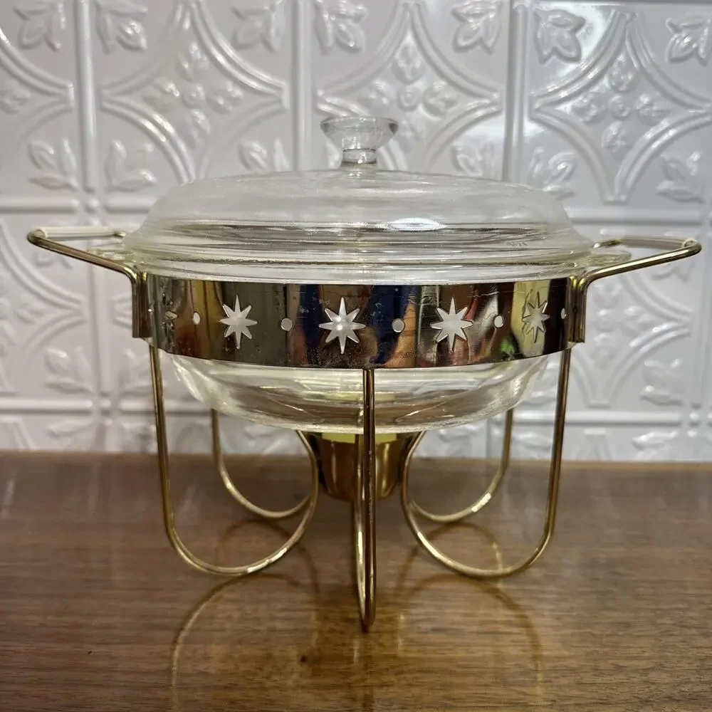 Fire King Round Divided Glass Casserole w/lid & atomic star warming stand