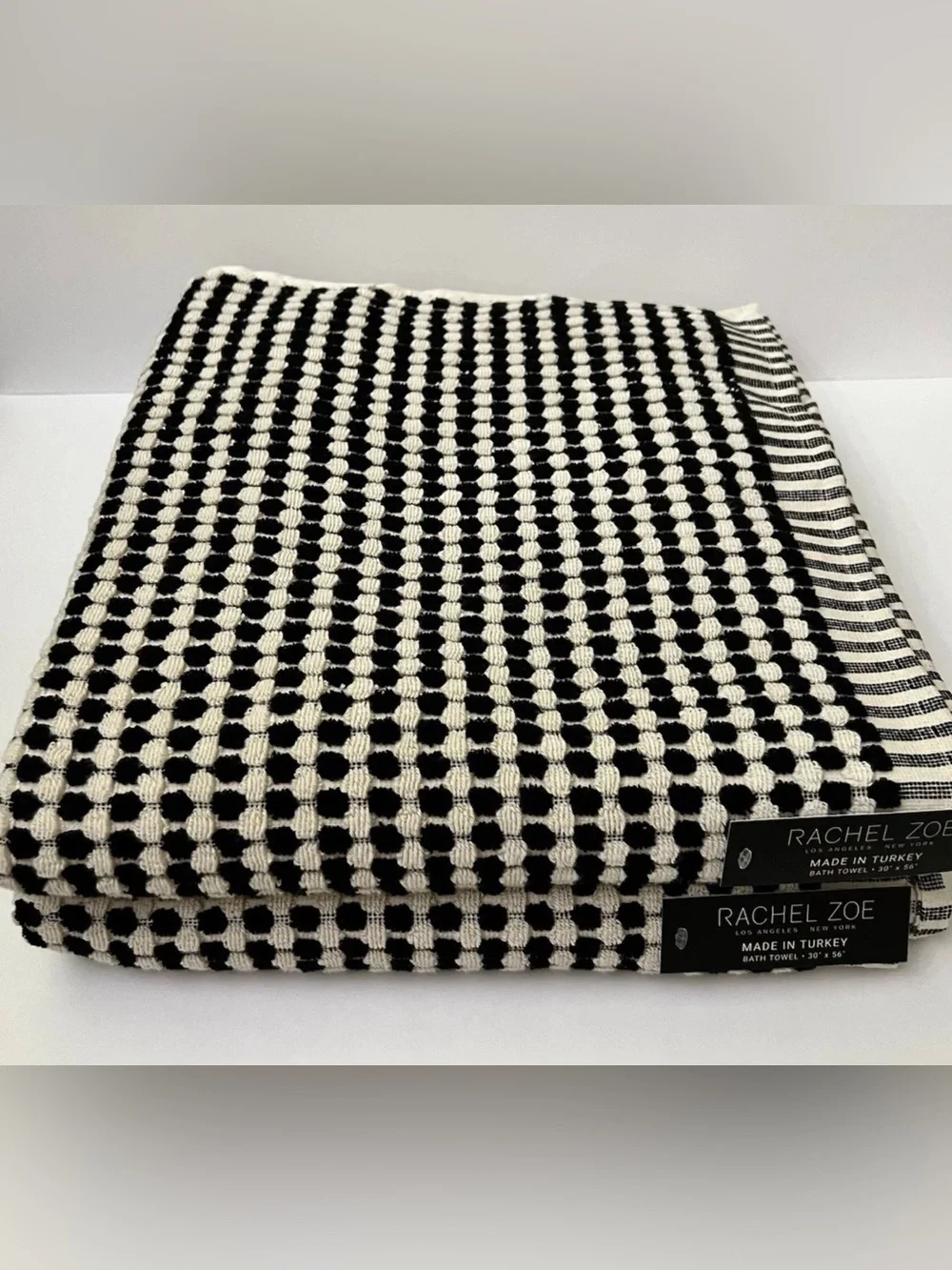2 Rachel Zoe Black Ecru Raised Dots Bath 30” x 56” Towels Set of 2 New