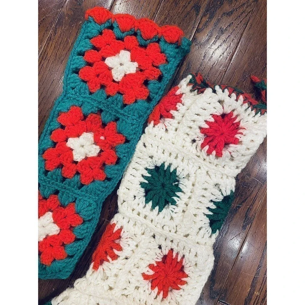 Set Granny Square Christmas Stockings Lot of 2 Grannycore Vintage Holiday Decor