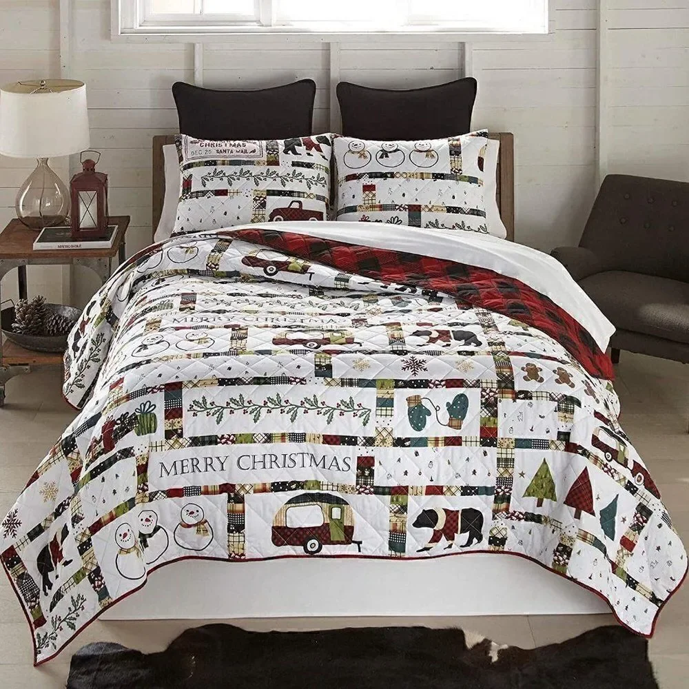 NEW!! Merry Christmas Farmhouse QUEEN Quilt Set
