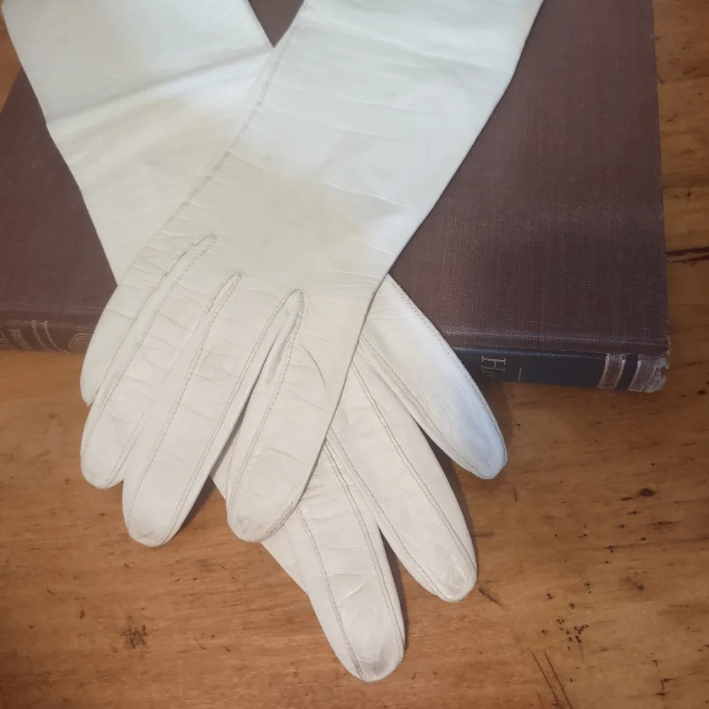 Sm Vintage Elegant White Leather Gloves Elbow Length