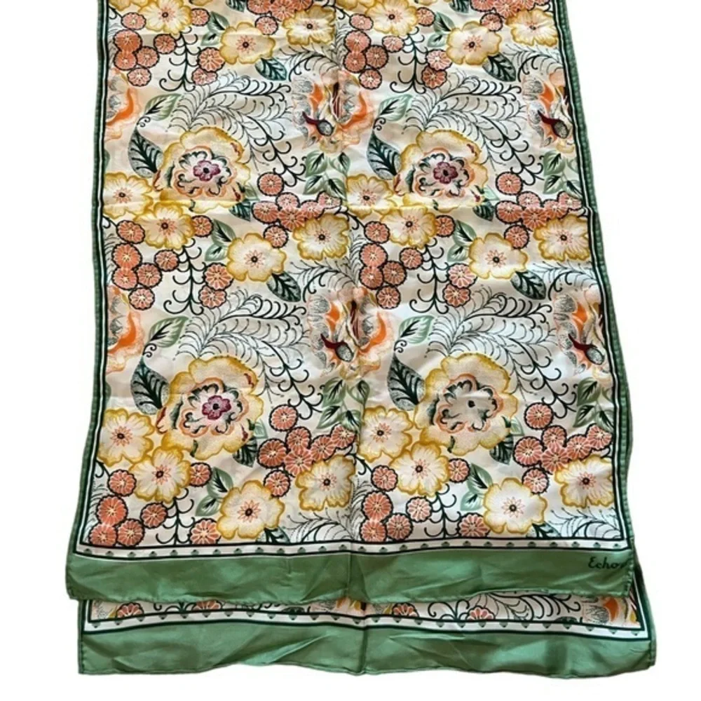 Vintage Echo Green & Peach Floral Scarf Mod 14x45”
